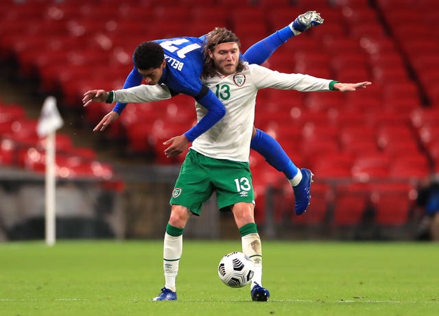 England debutant Jude Bellingham and Republic of Ireland midfielder Jeff Hendrick battle for the ball during November's international friendly at Wembley. Borussia Dortmund player Bellingham became the the third youngest player to represent England after coming on as a second-half substitute at the age of 17 years and 137 days. Goals from Harry Maguire, Jadon Sancho and Dominic Calvert-Lewin gave Gareth Southgate's men a 3-0 win