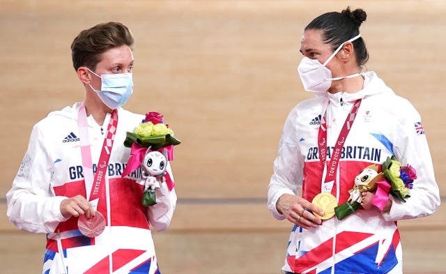 Great Britain’s Crystal Lane-Wright, left, and Dame Sarah Storey once again shared a podium