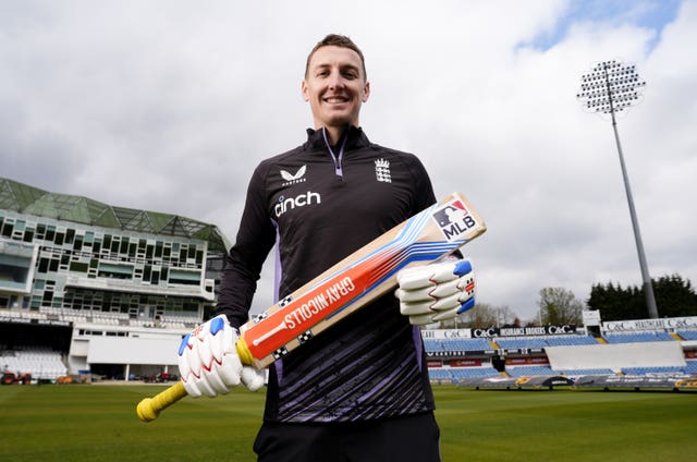 England white-ball captain Harry Brook holds his bat in a photocall at Headingley.