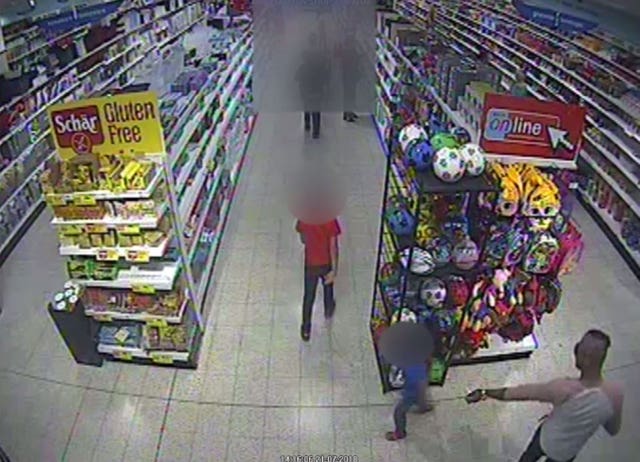 CCTV footage of the acid attack on a three-year-old boy at the Home Bargains store in Worcester in July 2018 (West Mercia Police/PA)