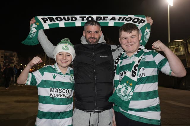 Shamrock Rovers fans Paul Halpin (centre), with his nephews Cillian Halpin, 12, and Ross Halpin, 16