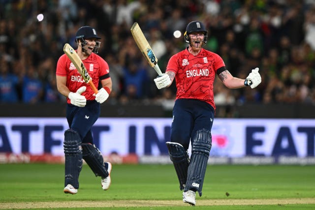 Ben Stokes, right, celebrates helping England win the 2022 T20 World Cup