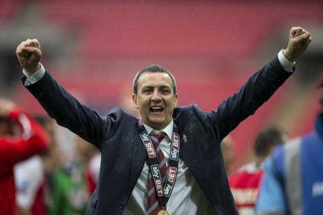 Former Fleetwood chairman Andy Pilley celebrates at Wembley