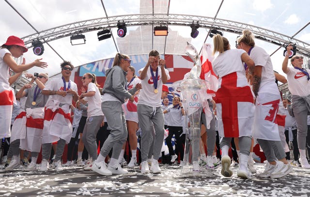 England players sing Sweet Caroline on stage during a fan celebration to commemorate England’s historic Uefa Women’s Euro 2022 triumph in Trafalgar Square, London