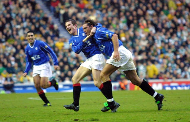 Lorenzo Amoruso, right, celebrates his goal for Rangers with team-mate Barry Ferguson