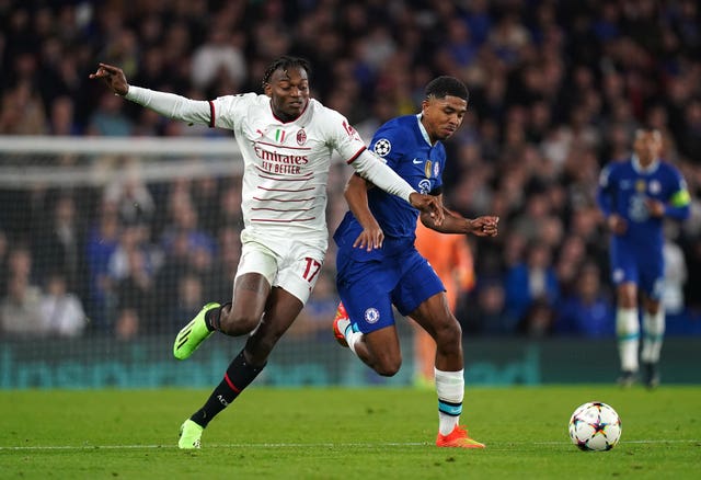 AC Milan’s Rafael Leao (left) and Chelsea’s Wesley Fofana battle for the ball during the UEFA Champions League Group E match at Stamford Bridge, London