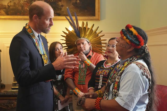 The Prince of Wales meets Kleber Karipuna (third right), indigenous leader of Brazil's Karipuna people from Amapa, Jennifer Lasimbang (second right), former member of Sabah State Legislative Assembly, and Juan Carlos Jintiach, general secretary for the Global Alliance of Territorial Communities