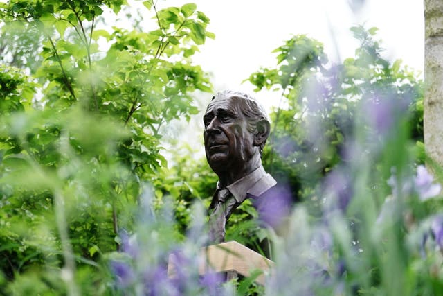 A bust of King Charles III at RHS Chelsea Flower Show 2023
