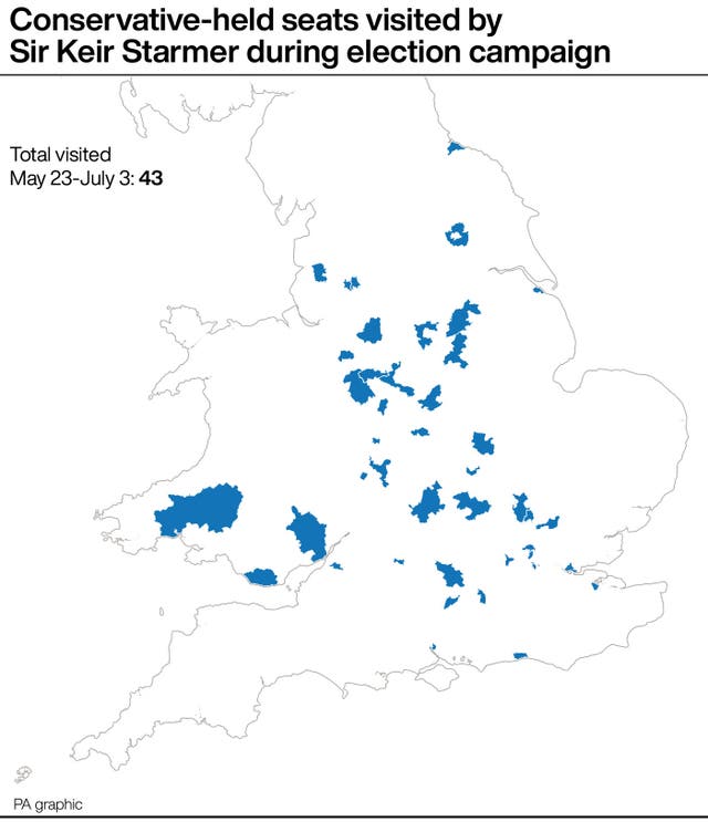 A map showing Conservative-held seats visited by Sir Keir Starmer during the election campaign