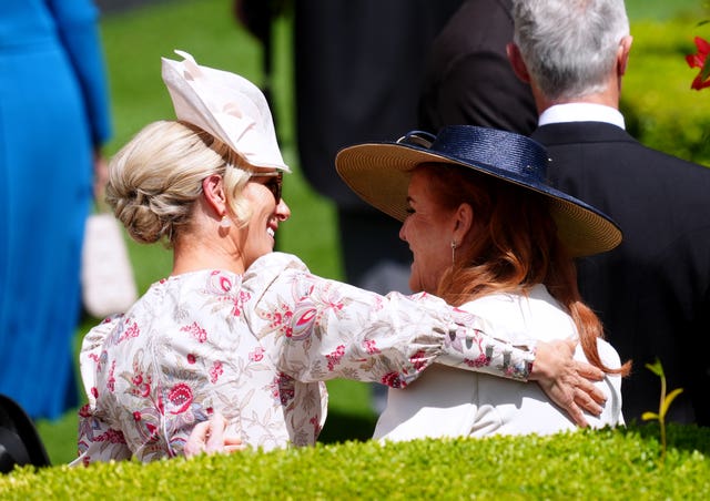 Zara Tindall hugs Sarah, Duchess of York at Royal Ascot