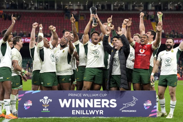 South Africa players celebrate with the Prince Wiliam Cup