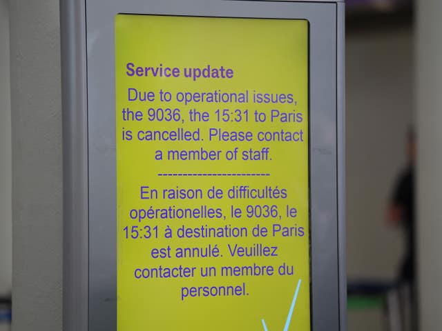 Signs confirming cancellations at the Eurostar terminal in St Pancras station