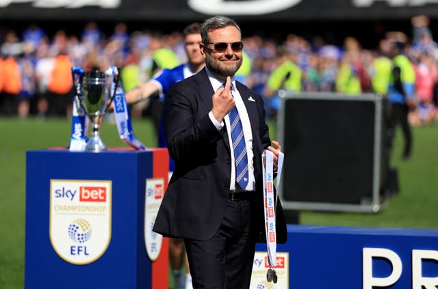 Ipswich chairman Mark Ashton celebrates on the pitch at Portman Road after Ipswich secured promotion