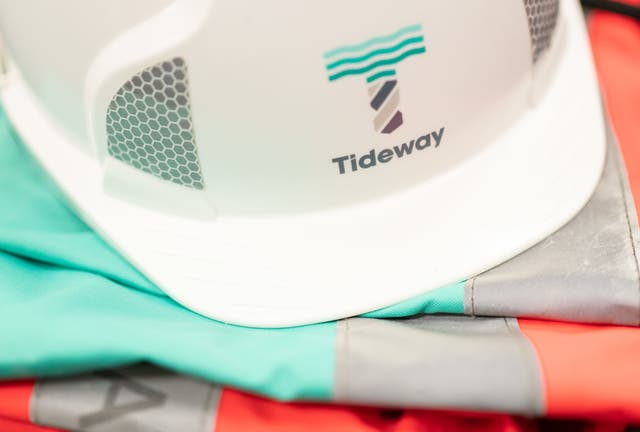 A white hard hat with Tideway logo