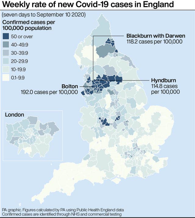 Weekly rate of new Covid-19 cases in England