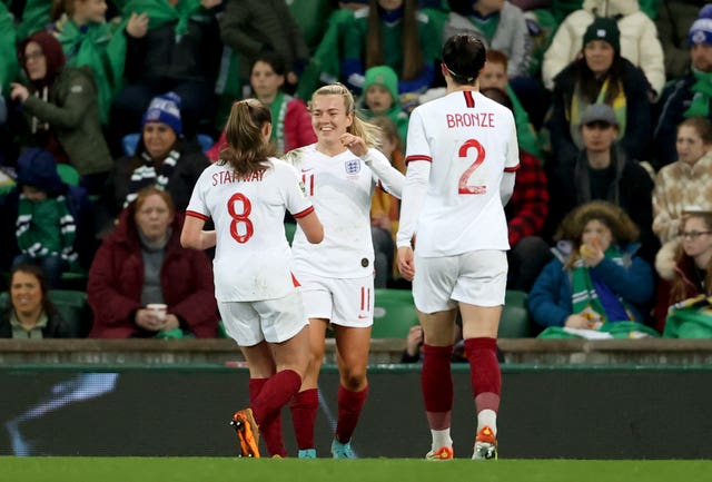 Lauren Hemp, centre, bagged a brace in England''s win (Liam McBurney/PA)