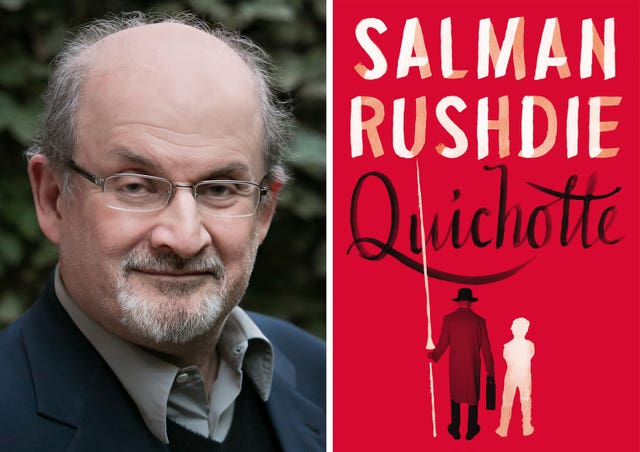 Salman Rushdie with the front cover of his book, Quichotte