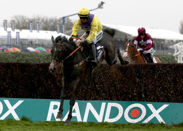 Kalashnikov ridden by jockey Jack Quinlan on the way to winning the Devenish Manifesto Novices’ Chase at Aintree in 2019 