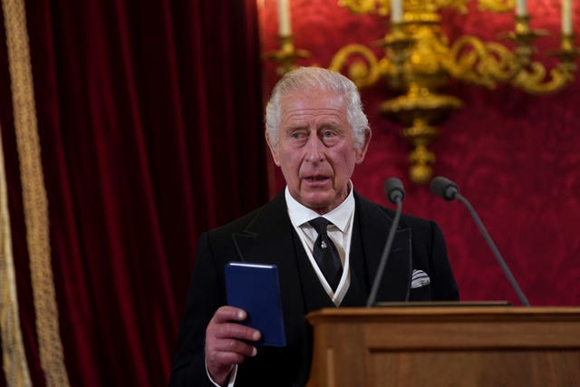 The King during the Accession Council at St James’s Palace, London (Victoria Jones/PA)