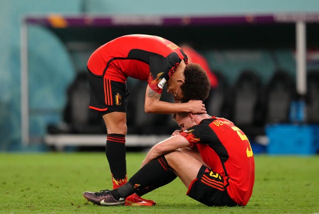 Belgium’s Axel Witsel, left, consoles team-mate Jan Vertonghen after the final whistle