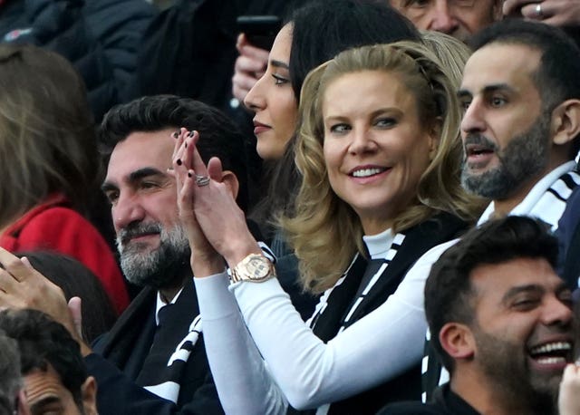 New Newcastle United chairman Yasir Al-Rumayyan (left) and Amanda Staveley prior to kick-off 
