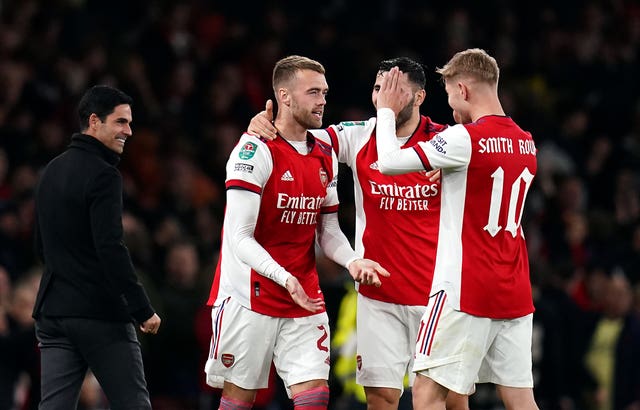 Mikel Arteta celebrates with his Arsenal players