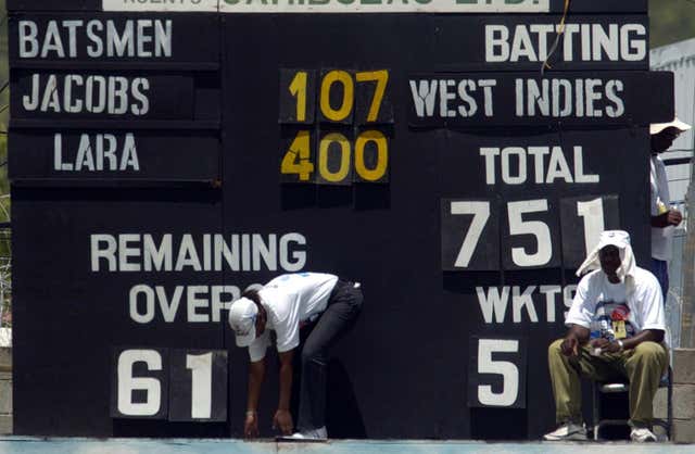 Lara's record 400 shown on the scoreboard in Antigua