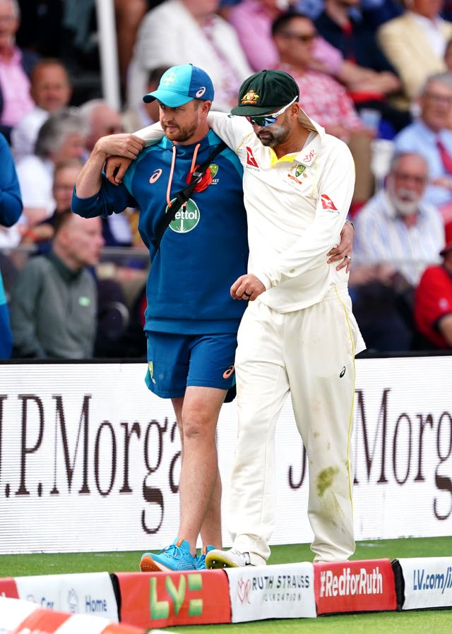 Nathan Lyon was hurt fielding on day two of the second Test