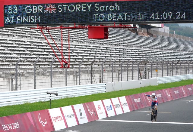 Great Britain’s Sarah Storey celebrates crossing the line at Fuji International Speedway