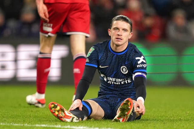 Conor Gallagher reacts to a missed opportunity for Chelsea