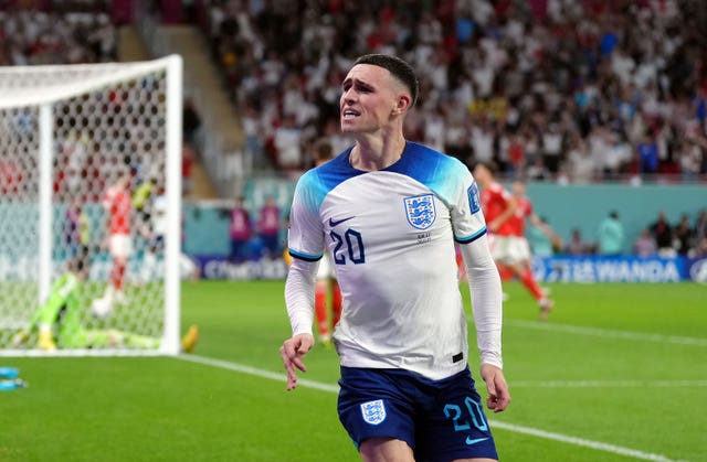 Phil Foden celebrates England's second goal 