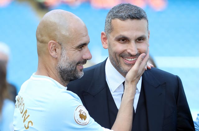 Manchester City chairman Khaldoon Al Mubarak (right) is a big fan of Guardiola