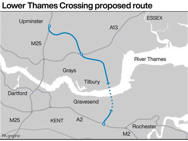 A graphic showing the proposed route of the Lower Thames Crossing