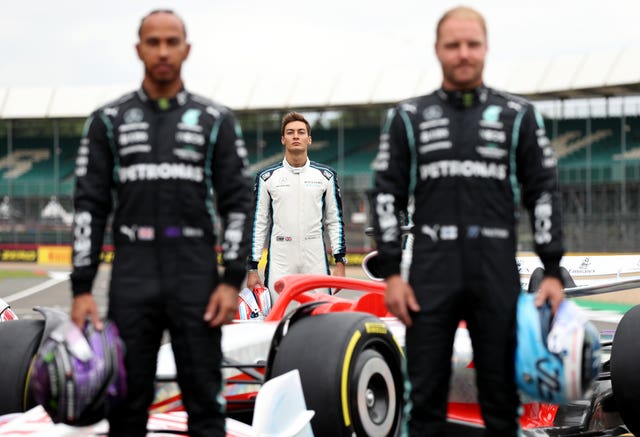 George Russell (centre) could replace Valtteri Bottas (right) and join Lewis Hamilton at Mercedes in 2022