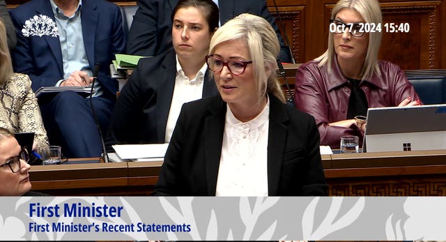 Screengrab of Michelle O'Neill speaking in Stormont 