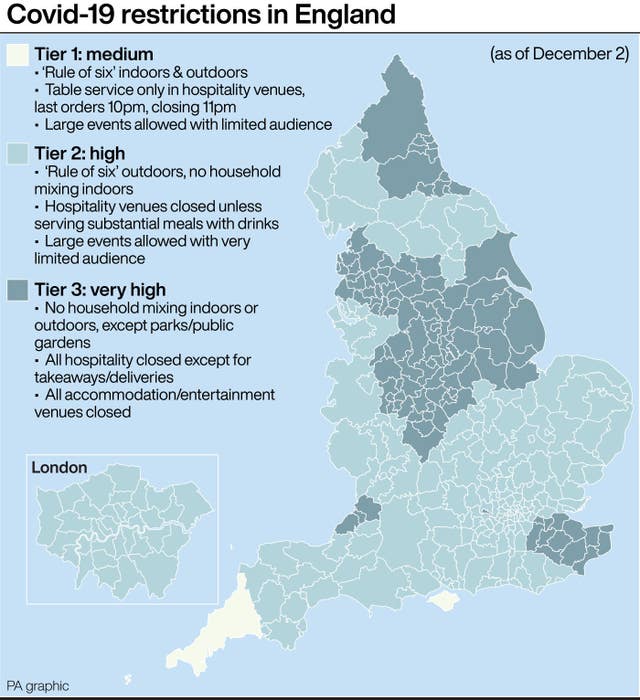 PA infographic showing Covid-19 restrictions in England