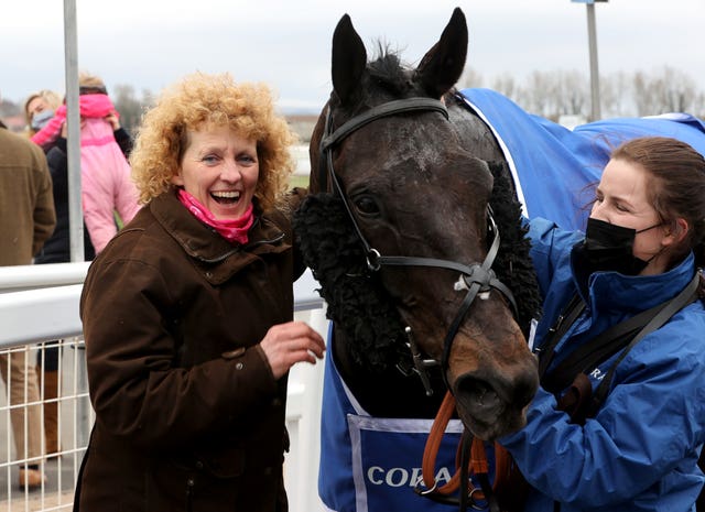 Trainer Lucinda Russell with Mighty Thunder after the Scottish National victory