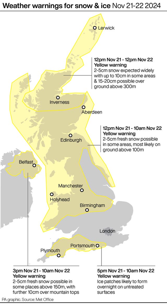 Weather warnings for snow & ice Nov 21-22 2024