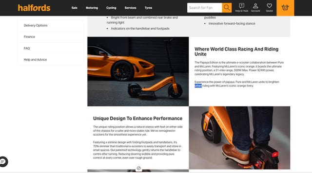 Screen grab taken from Halfords website of electric scooters for sale
