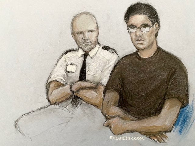 Court artist drawing of Nicholas Prosper appearing in the dock at Luton