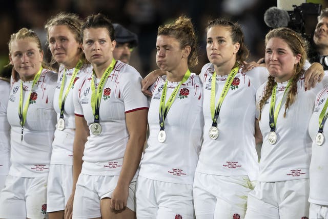 England players look dejected after defeat to New Zealand in the Women’s Rugby World Cup finalat Eden Park in Auckland in 2022