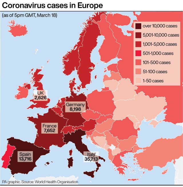 Coronavirus cases in Europe graphic