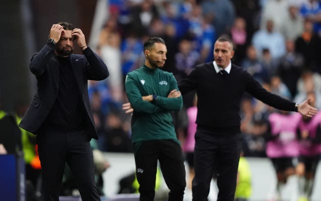 Rangers manager Russell Martin (left) and Club Brugge manager Nicky Hayen (right) on the touchline
