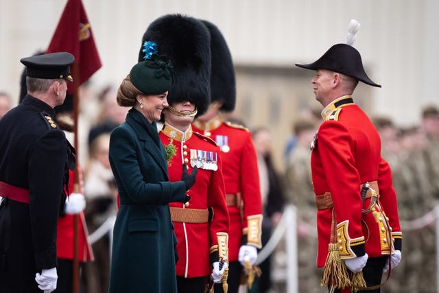 The Princess of Wales during a visit to the Irish Guards for their St Patrick’s Day Parade at Wellington Barracks in London