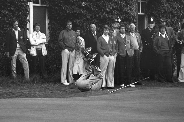 Ken Brown rolls over in anguish during his match before the United States win their last Ryder Cup clash with Great Britain and Ireland in 1977