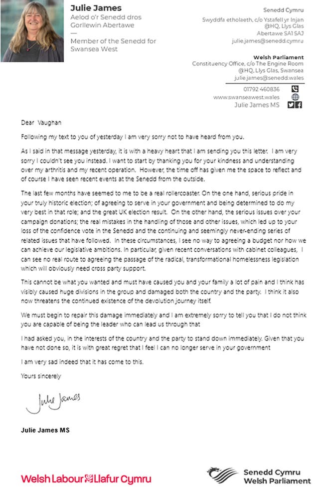 Julie James's resignation letter