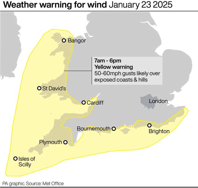 A diagram showing areas of the UK affected by a yellow wind warning from the Met Office on January 23 2025