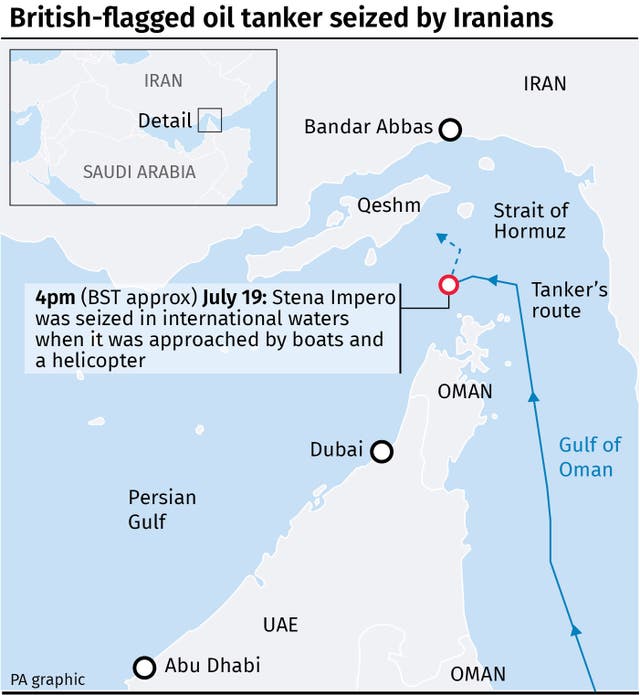 Map locates where British-flagged oil tanker was seized by Iranians 