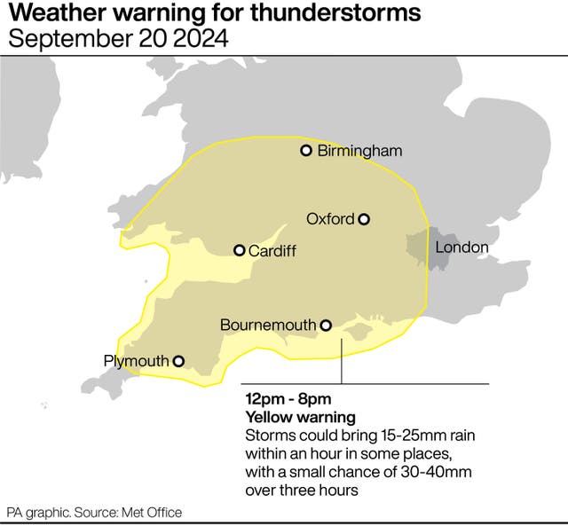 Map highlighting the parts of England affected by the weather warning