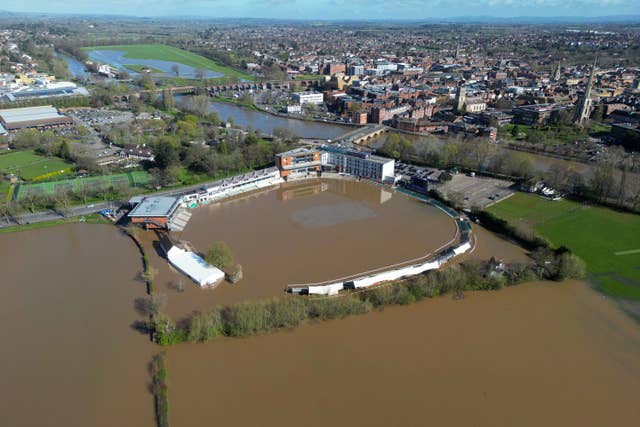 An aerial view showing a flooded New Road Cricket Club, home of Worcestershire CCC, in Worcester at the end of March
